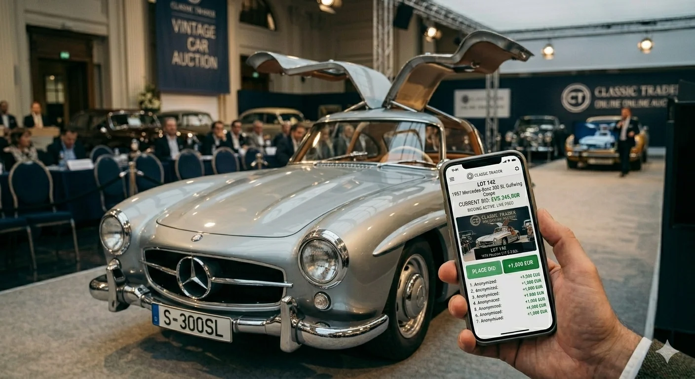 A classic Mercedes-Benz 300 SL Gullwing at a Classic Trader auction event