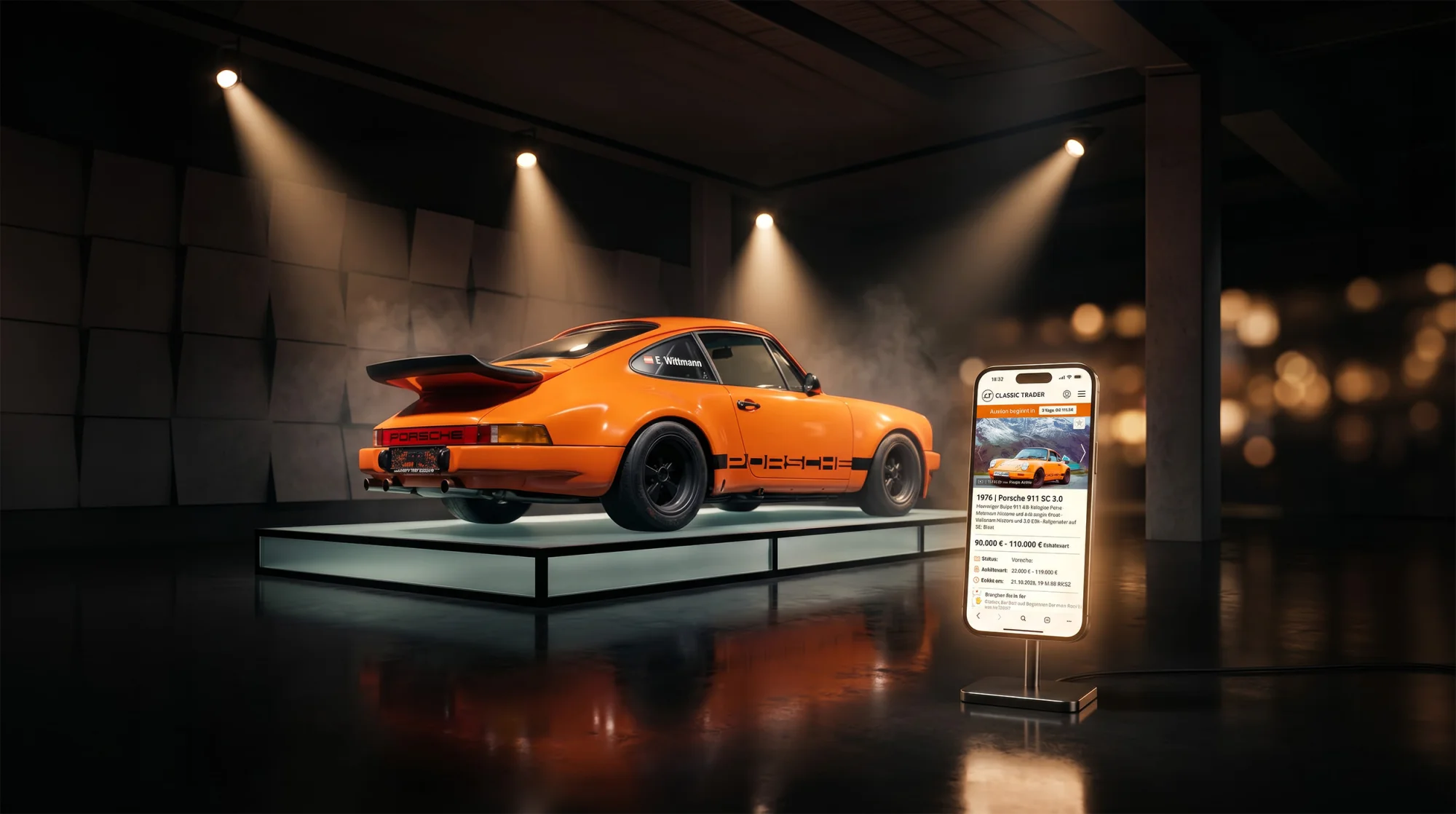 An orange 1976 Porsche 911 SC 3.0 in a stylish showroom presentation with Classic Trader app display